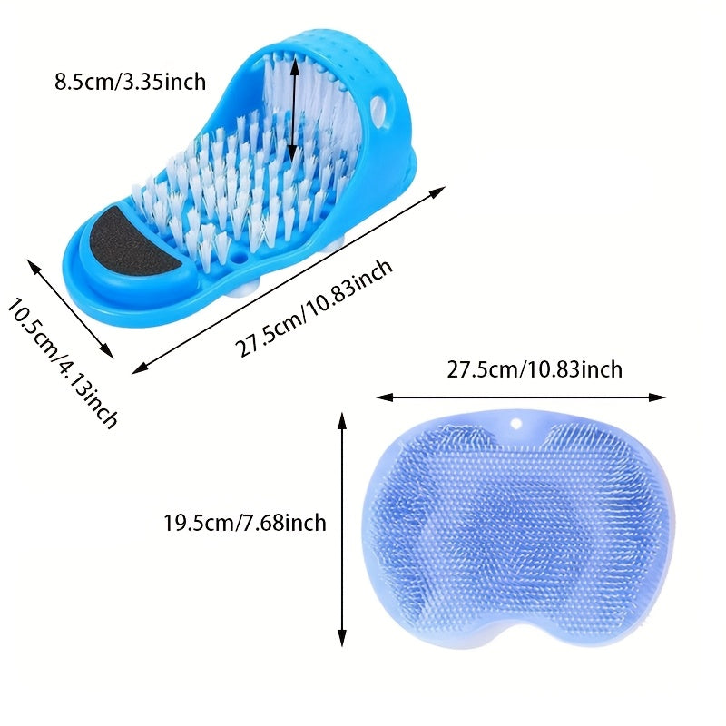 Set of 2 Ergonomic Shower Scrubbers - Includes Non-Slip Foot and Back Exfoliating Brushes with Suction Cups. Made from Durable Plastic, this Massage Pad is Suitable for Men and Women. It is Reusable, Soothes Foot Pain, Removes Calluses and is Ideal for