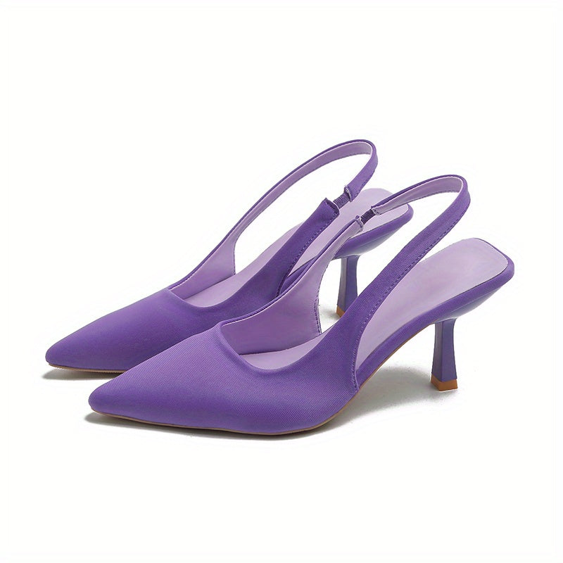 Women's slingback high heels with a solid color pointed toe slip-on stiletto design, suitable for various occasions.