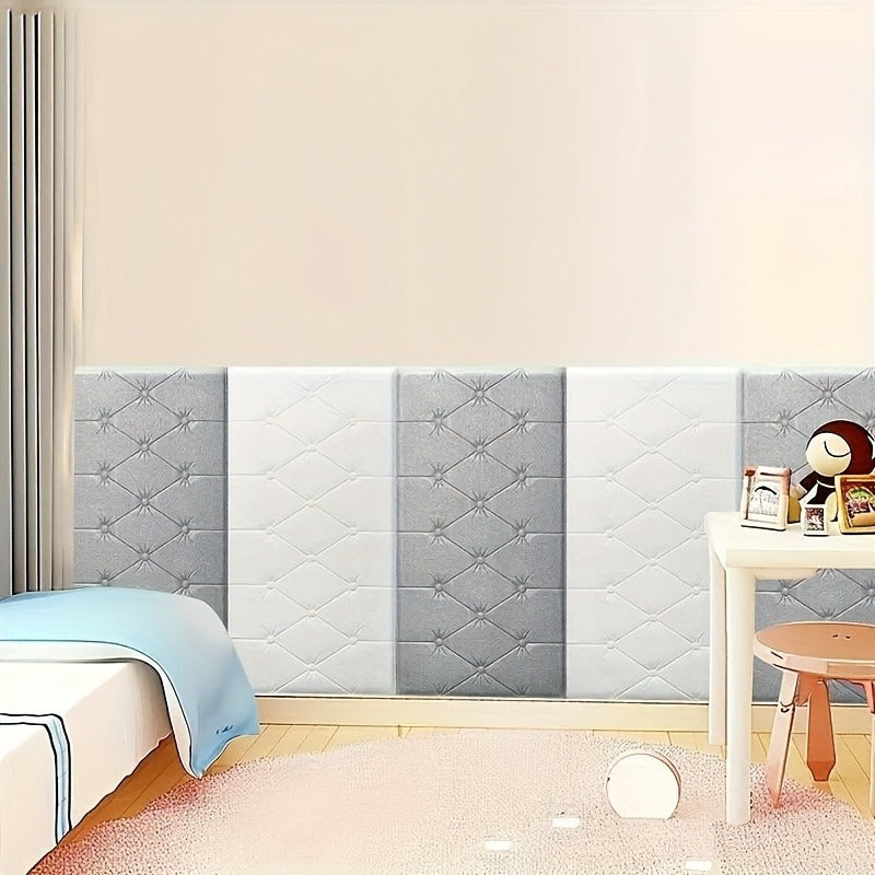 5 pieces of modern 3D self-adhesive soft wall panels in white, ideal for bedroom or living room.