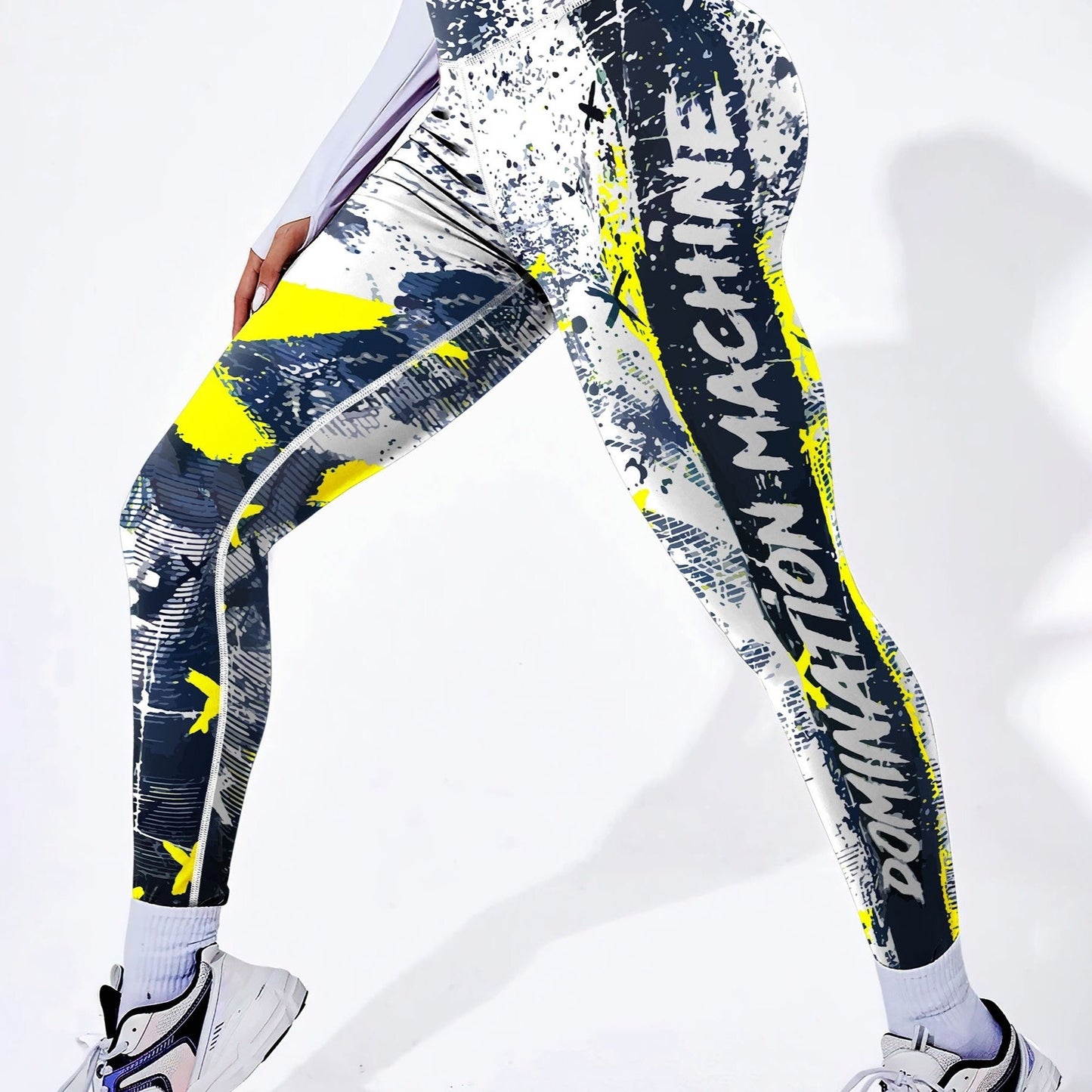 Yoga high waist leggings with color block graffiti print, tummy control and butt lifting, ideal for running and activewear.