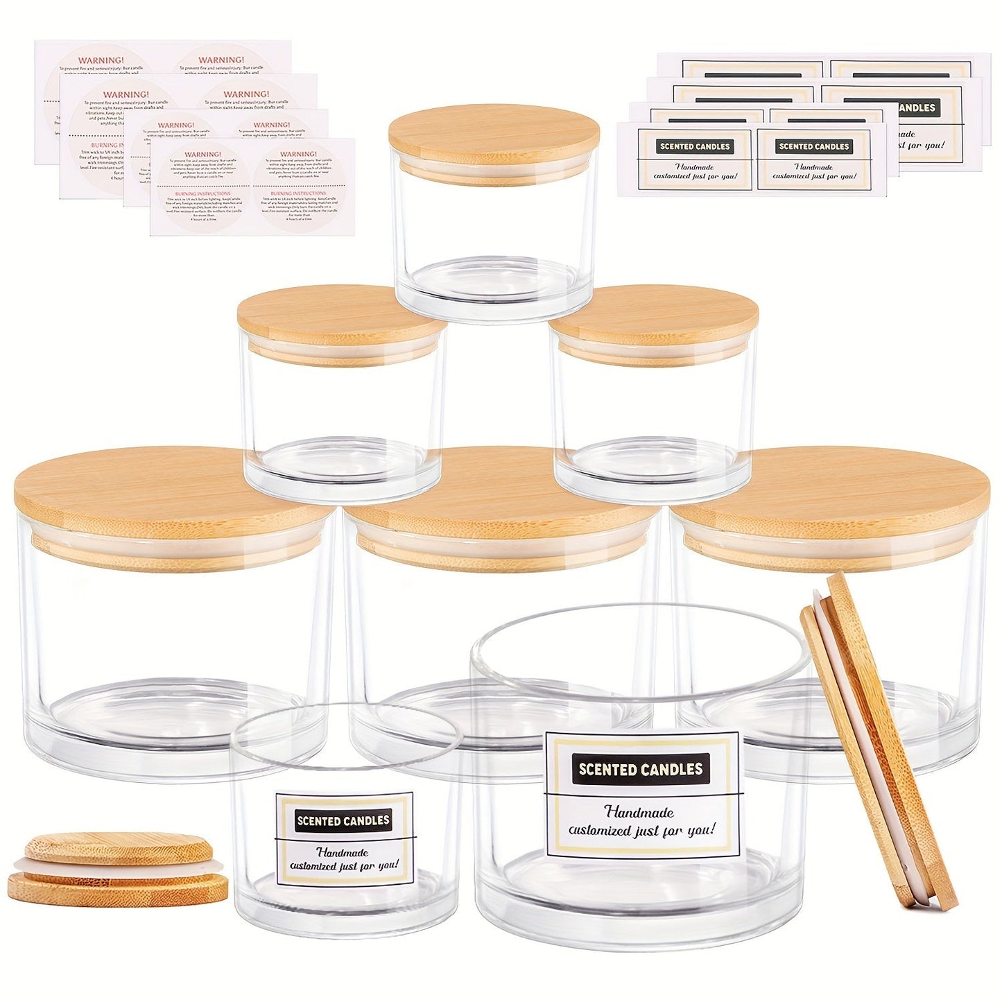 Set of 8 clear glass candle jars, including both 4oz and 18oz sizes with wide mouths and bamboo lids. Sticky labels are included, making it perfect for DIY candle making. These jars are dishwasher safe.