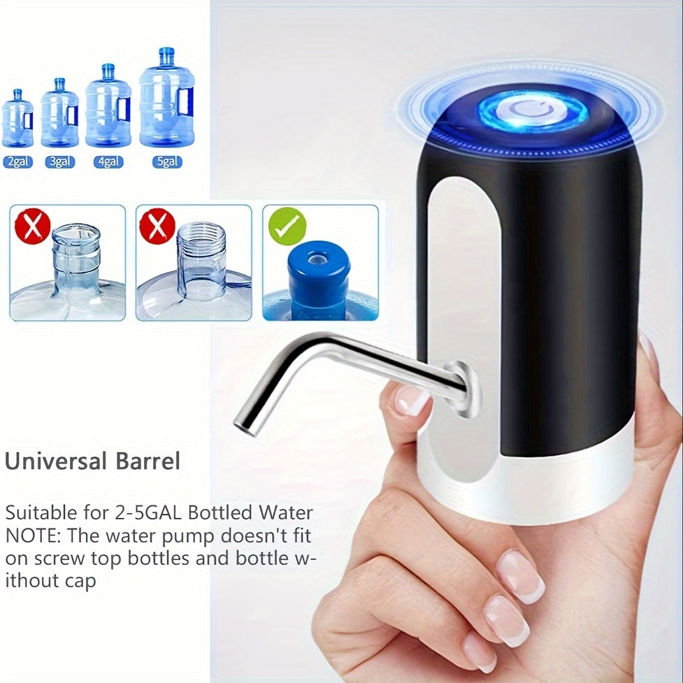 USB rechargeable water pump for 7.57-18.93 L jugs, with digital display. White and blue design, perfect for home, office, and camping.