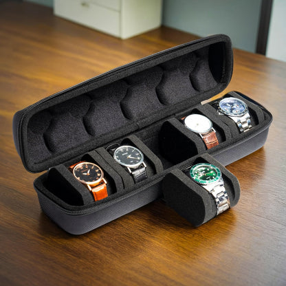 Travel in Style with a 5-Slot Watch Storage Box for Men and Women, featuring a Durable Hard Shell, Soft Foam Pillow, and Convenient Handle