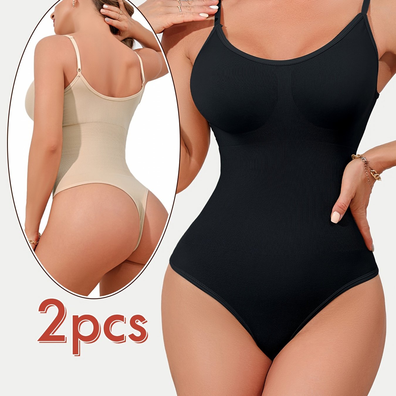 2pcs NADIA GO Seamless Thong Shapewear Bodysuit in Black & Beige, High Support, Tummy Control, Butt Lifting, Slimming Body Shaper, Soft Nylon/Elastane Blend, Hand Washable