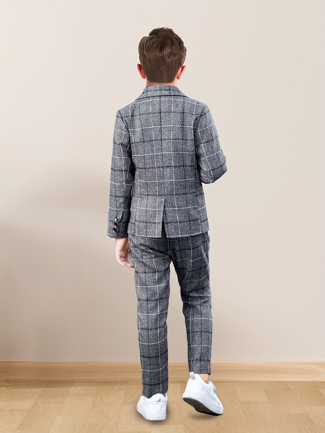 Boys Plaid Suit Set for Spring/Fall occasions, Korean Style, Polyester Blend, Over 3 Years Old.