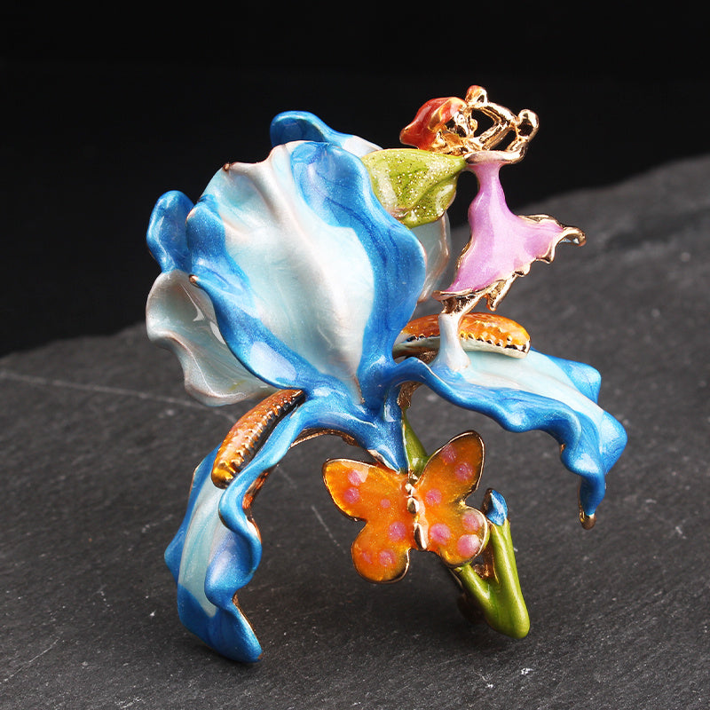 Enamel Iris Pixie Brooch: Vintage-Inspired Elegance with Rhinestones and Irregular Shape