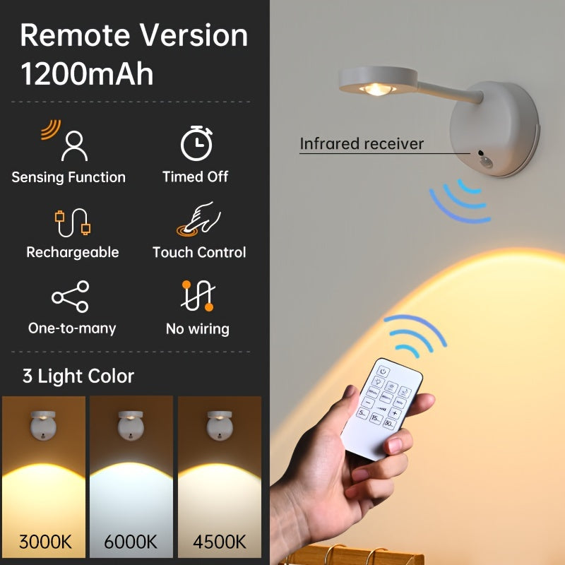 Wall-mounted motion sensor spotlight with remote control, USB rechargeable, adjustable brightness and timer, detachable plastic lamp shade, infrared sensor, battery powered.