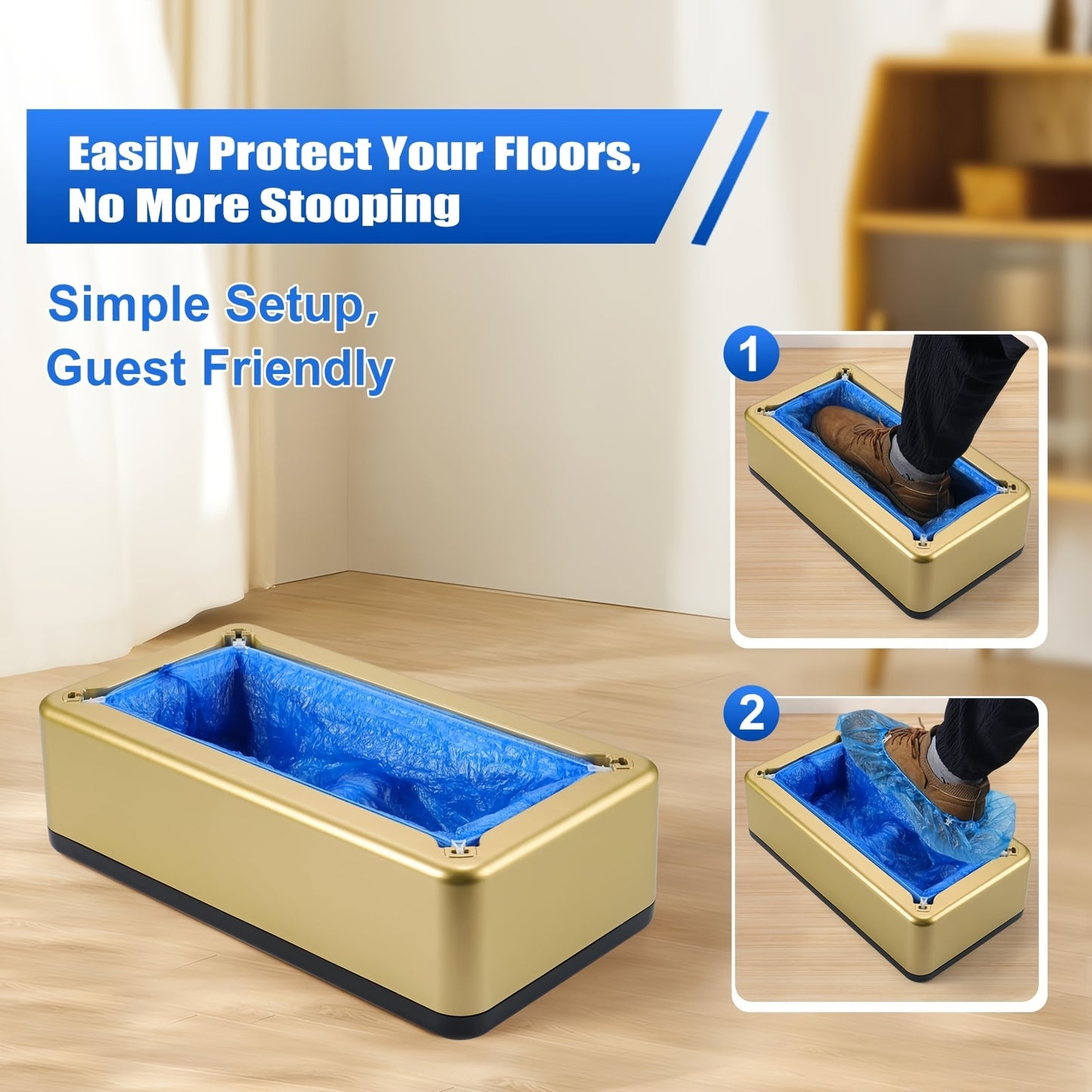 Automatic shoe cover dispenser made of durable plastic carbon fiber ABS with a steel frame, suitable for home and office use with golden finish.