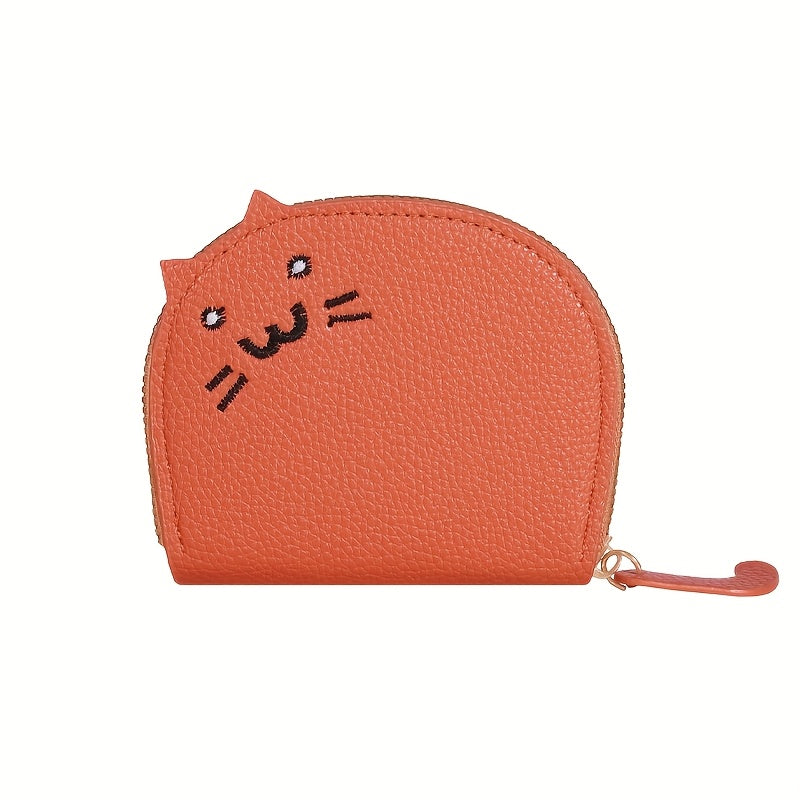 Charming cat-shaped casual wallet with synthetic material, card slots, zip closure, envelope design, easy to clean, and painted edge details.