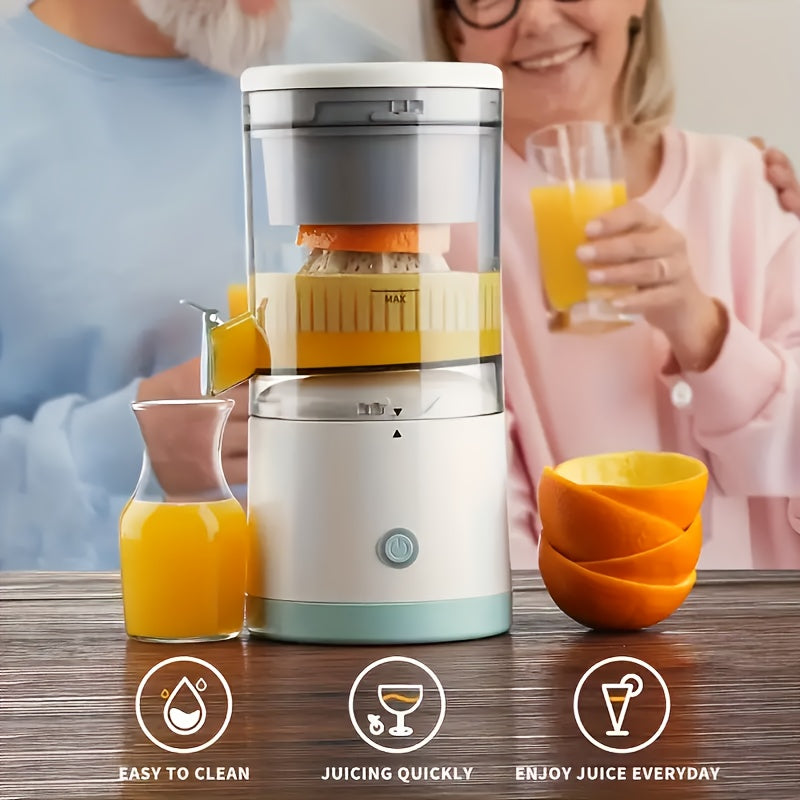 Portable Wireless Electric Juicer with 13.53oz capacity, USB rechargeable and 1600mAh lithium battery. Features push button control, non-heating food grade PP materials, detachable cup, and