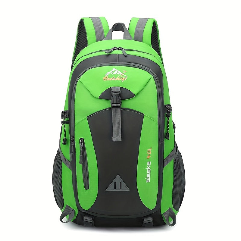 Multifunctional hiking backpack with 40L capacity, Oxford material, lightweight, adjustable shoulder straps, zip closure, polyester lining, embroidered detail, sports style, unisex for