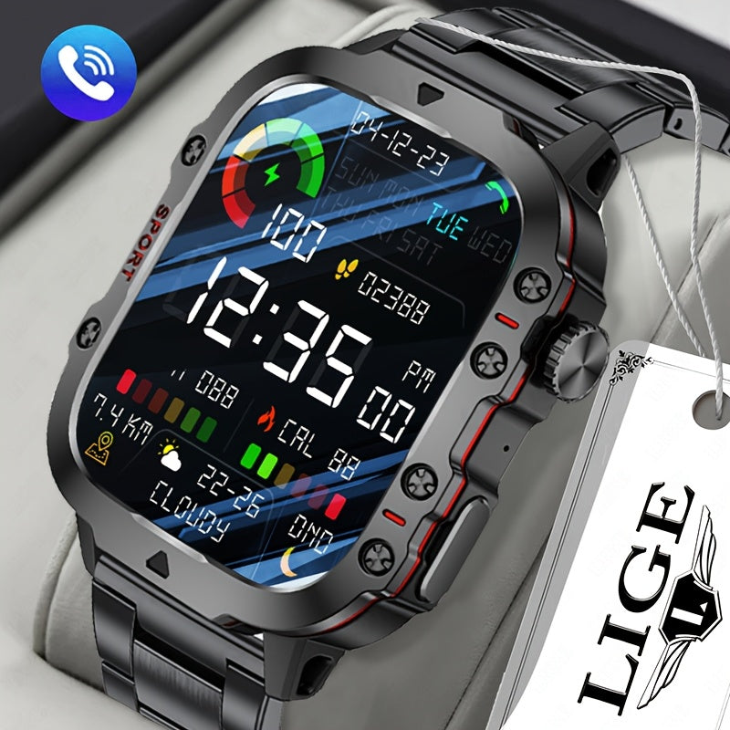 LIGE Men's Smart Watch features Voice Assistant, IP67 Water Resistance, Sports Strap, 100+ Exercise Modes, Rechargeable Battery, Weather and Flashlight Features, Alarm Clock, Calculator, Zinc Alloy Case, and USB/Battery Power.