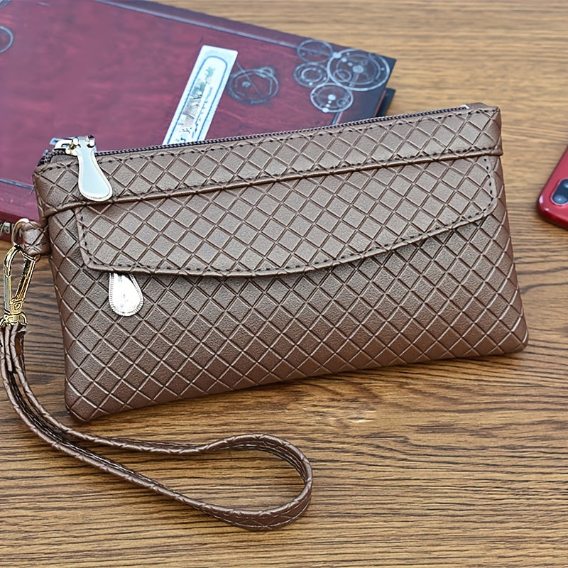 Women's Argyle Quilted Clutch with Multiple Zippers, Wristlet Bag for Phone and Coin