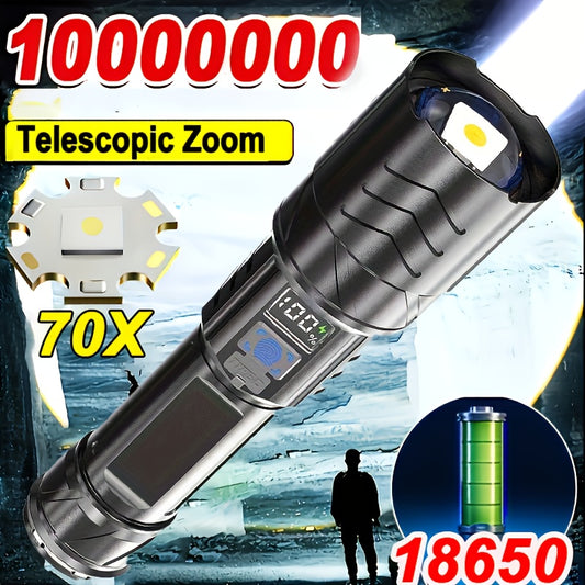 Rechargeable LED flashlight with USB Type-C charging, powered by 18650 battery. Portable tactical design, ideal for outdoor emergencies.