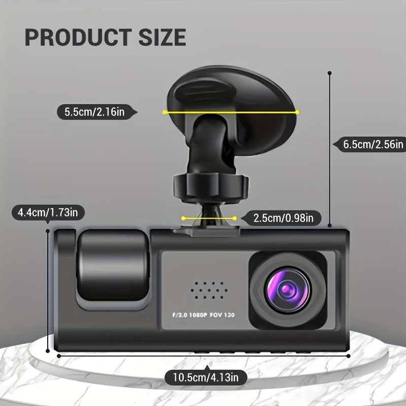 1 set of 3-channel front and rear car camera with 1080P resolution, IR night vision, cycle recording, 5.08 cm IPS screen, and wide-angle lenses for simultaneous recording of a black box.