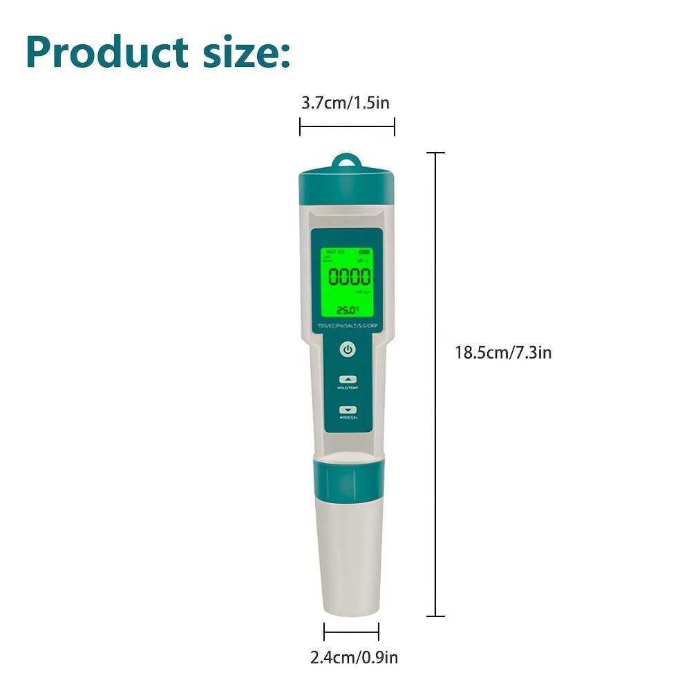 7-in-1 water quality tester with LCD backlight & rust-proof platinum electrode for testing pH, ORP, EC, TDS, GH, S.G, and salinity in home drinking water.