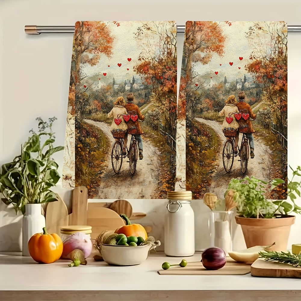 2 Pieces of Ultra Soft Kitchen Towels featuring a couple riding a tandem bicycle decorated with heart-shaped bells down a country lane. These highly absorbent dish hand towels are perfect for holiday decor. They are machine washable and measure 16x24