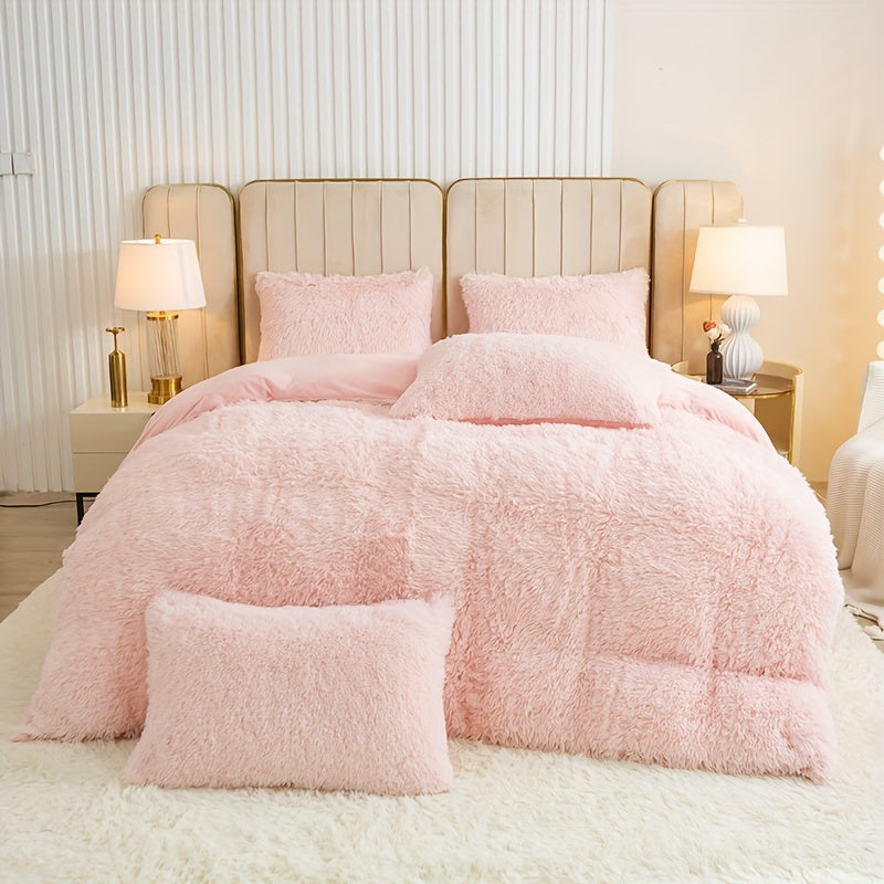 Polyester bedding set includes a duvet cover and two pillowcases in various colors. Does not include pillow core.