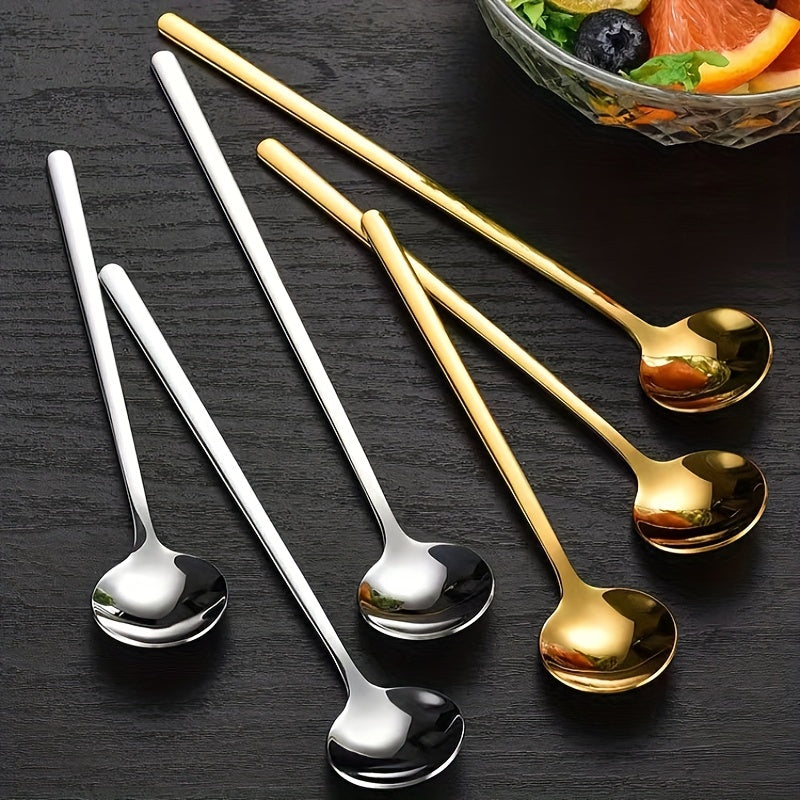 Set of 4 Stainless Steel Long-Handled Spoons - Ideal for Coffee, Milk, Ice Cream, and Honey - Beautiful Gold Finish, Small Round Design, Great for Mixing and Serving Cake