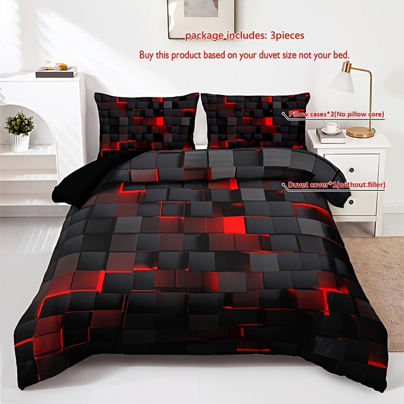 Bedroom or Guest Room Grid Print Bedding Set: Soft and Comfortable 3-Piece Duvet Cover Set includes 1 Duvet Cover and 2 Pillowcases, without core