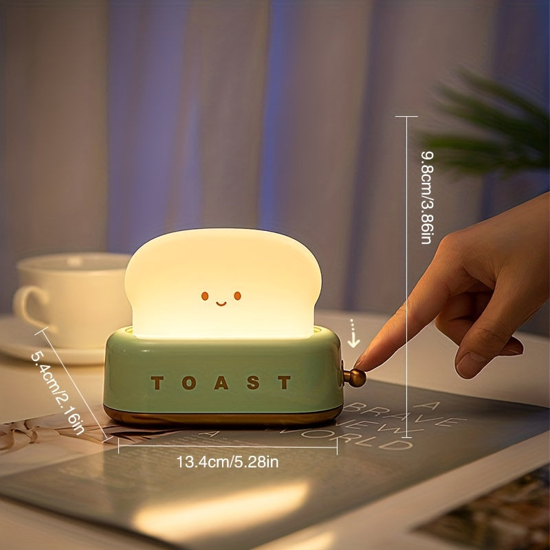 Adorable toaster-shaped LED lamp that doubles as desk decor and bread night light. Features dimmable settings, timer, and rechargeable design. Perfect for bedside or desk use.