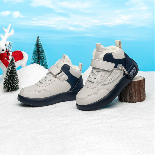 Boys' winter snow boots in navy blue and gray with plush lining, non-slip waterproof high tops, hook-and-loop closure. Suitable for outdoor activities. Made with microfiber upper.