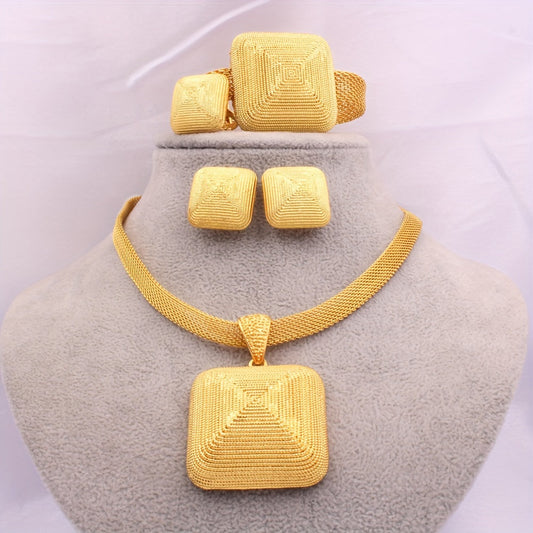 JIAMILA Luxury Tribal Style Jewelry Set, featuring a necklace, bracelet, ring, and earrings in golden plated zinc alloy. Perfect for women to wear on both everyday occasions and festivals. Makes a great Valentine's Day gift and is suitable for all