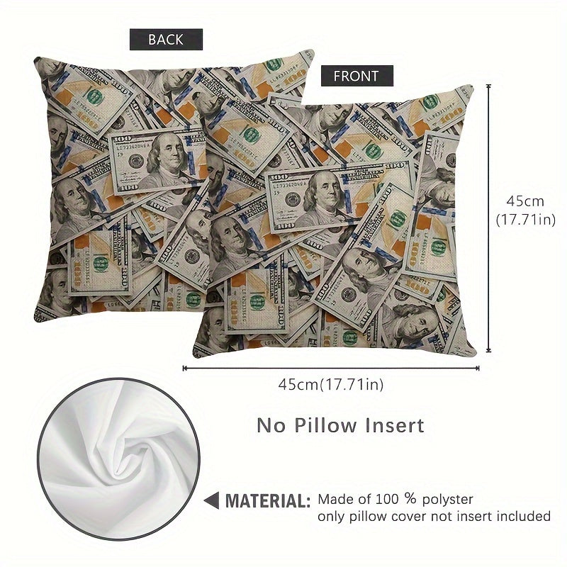 Humorous dollar bill pillow cover. 45.72x45.72 cm, double-sided with zip closure. Great for bedroom and living room decor. Machine washable polyester.