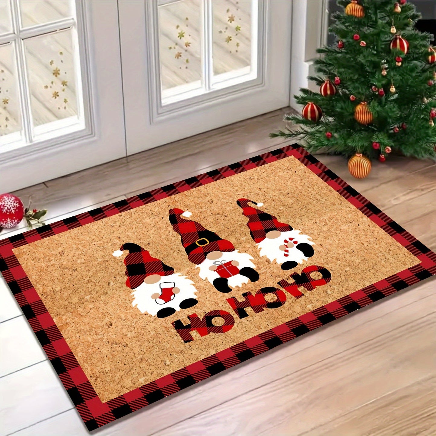 Welcome guests with the Christmas Gnome Doormat! This low-pile rug is machine washable and non-slip, perfect for use in an RV, farmhouse kitchen, bath, bedroom, or entrance. Made of durable polyester, this festive mat is a holiday decorative touch for