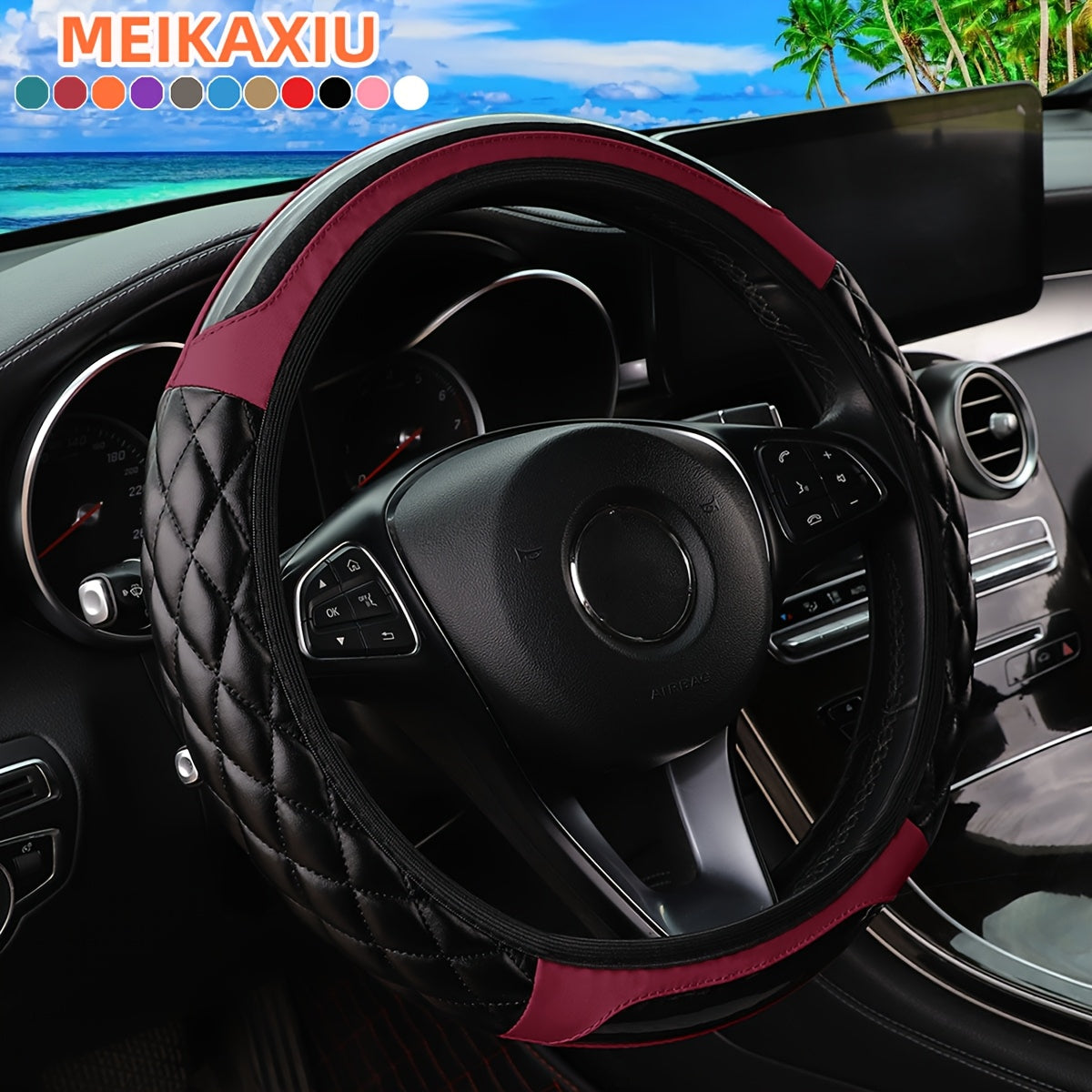 MEIKAXIU 3D Embroidered Crystal Carbon Fiber Faux Leather Steering Wheel Cover, Universal Fit for 36.83-38.1 cm, Available in 5 colors.