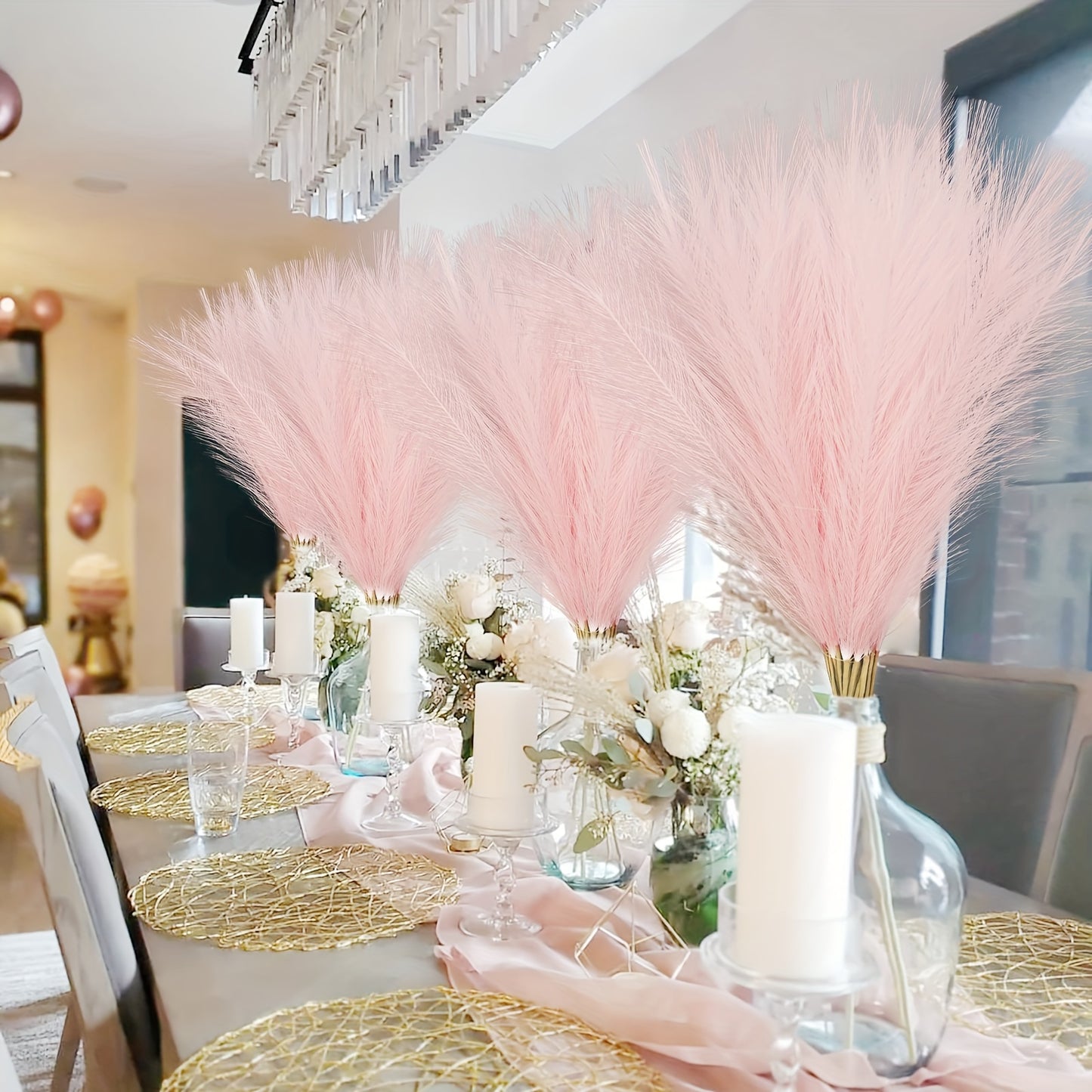 10 pieces of 53.34cm pink faux pampas grass branches for home or wedding decor, no electricity required.