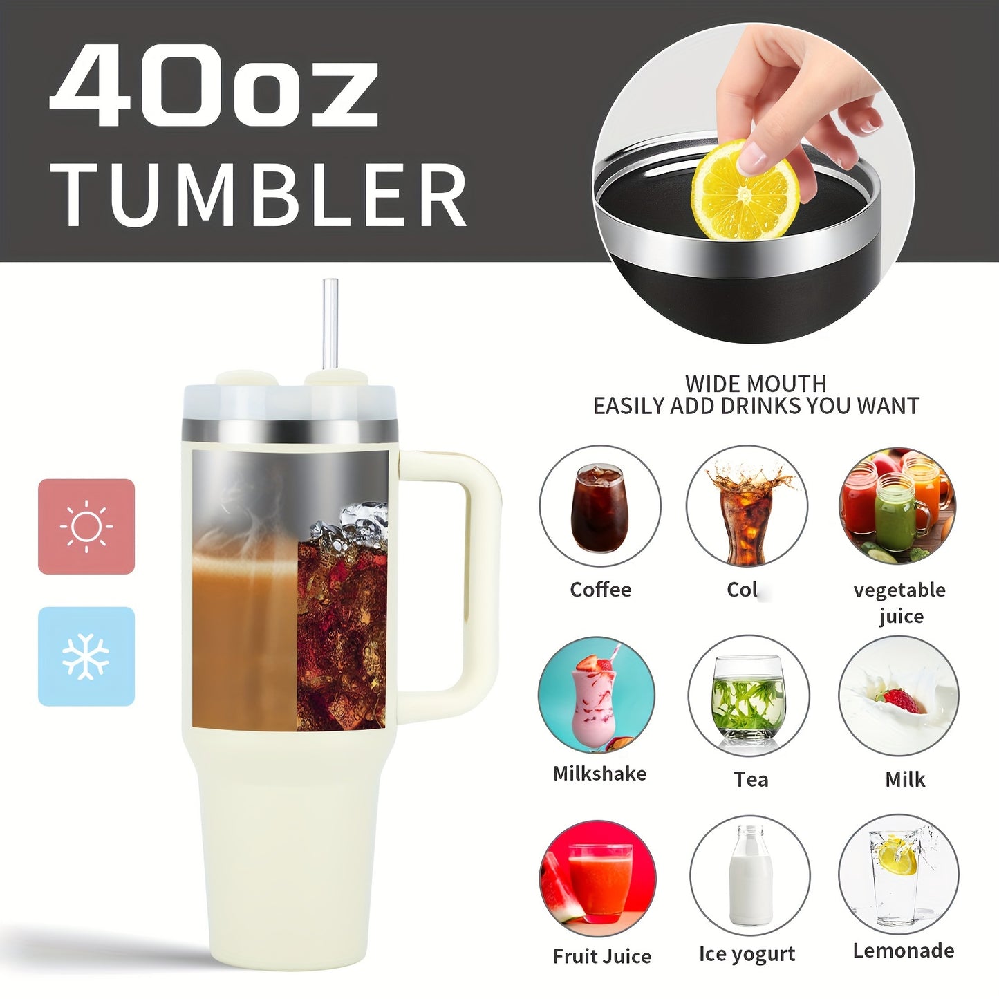 Watersy 40 oz Tumbler with Handle and Straw Lid, Double Wall Stainless Steel, Vacuum Insulated for Hot and Cold Beverages, Spill Proof and Easy to Clean.