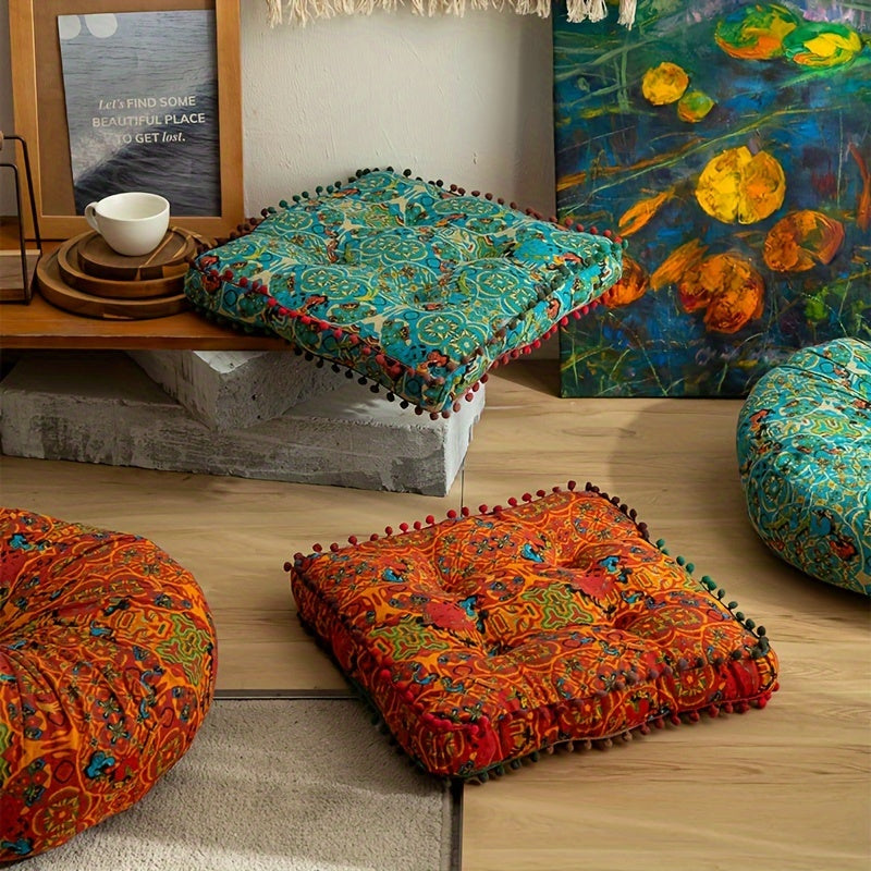 Boho-chic square cushion with pompoms: Versatile and fade-resistant.