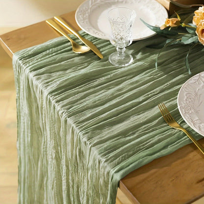 Elegant rust-colored cheesecloth table runner for spring, holidays, weddings - farmhouse chic design.