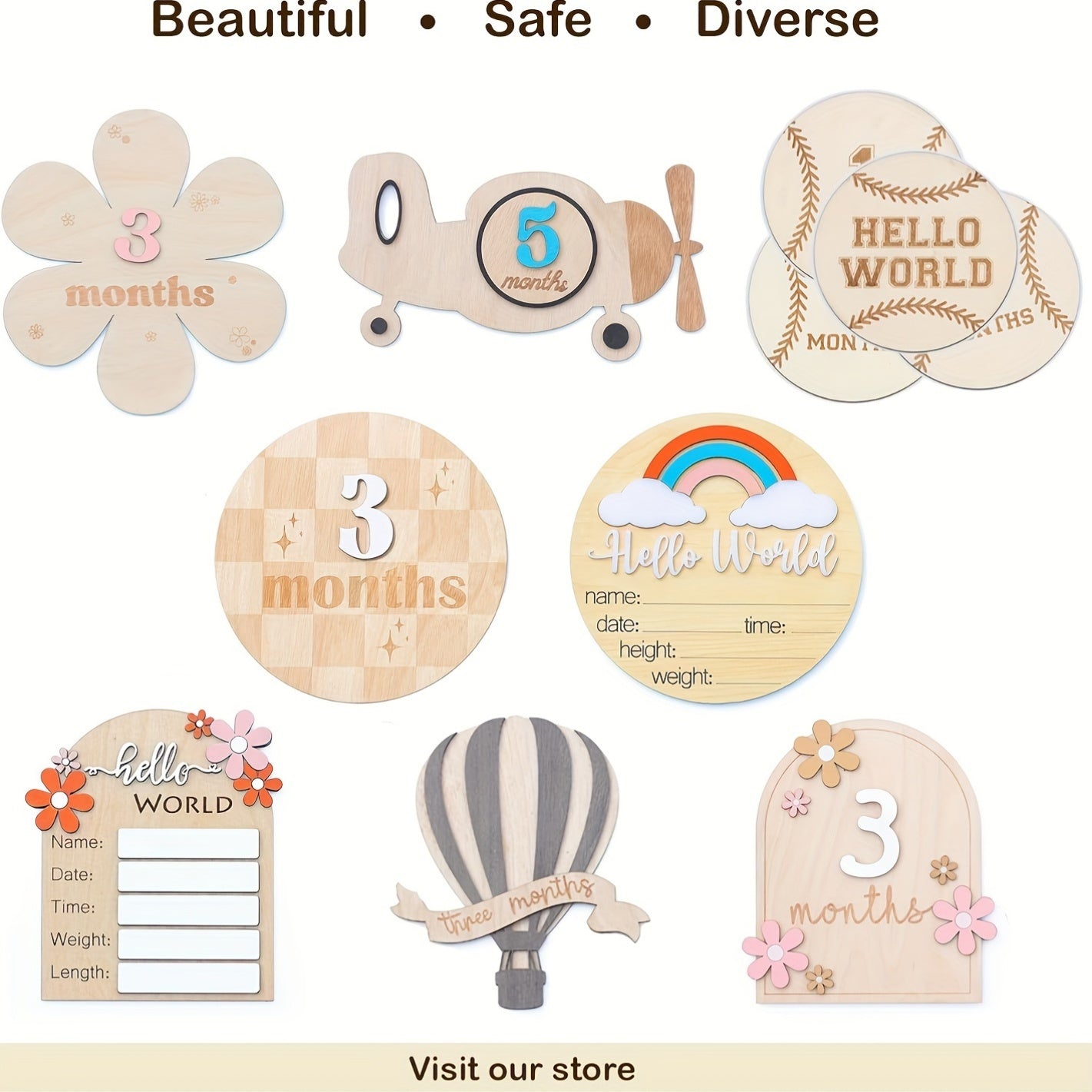 Wooden milestone cards set: track your baby's growth with monthly milestone discs featuring a floral AA design. Perfect for photo props and announcing your little one's first year. Includes discs for each month from 1 to 12.