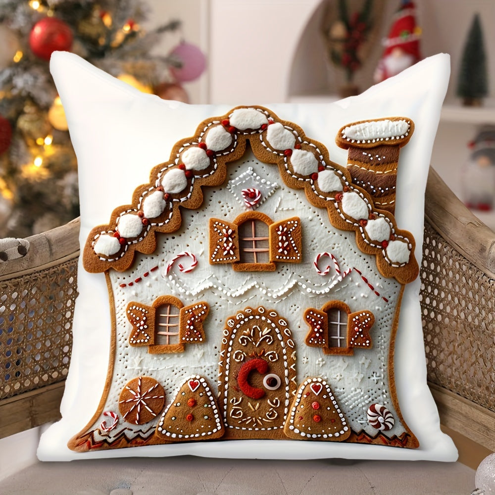 1PC Contemporary Gingerbread House Throw Pillow Cover, 100% Polyester with Zipper Closure, Machine Washable - Festive Christmas Design, 45.72x45.72 cm. Ideal for Living Room, Sofa, Farmhouse, Porch.