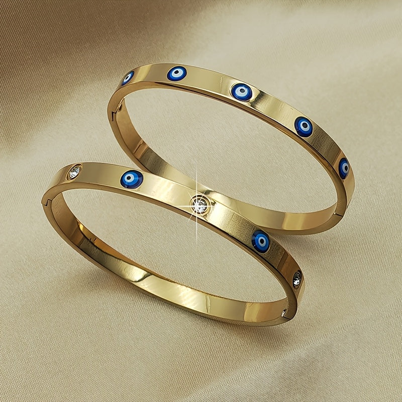 Chic Golden Stainless Steel Bracelet featuring Blue Evil Eye Charms & Glittering Rhinestones - Perfect for Boho Chic or Casual Outfits, Great Present for your Girlfriend, Stunning Stainless Steel Bracelet, Ideal Gift Option