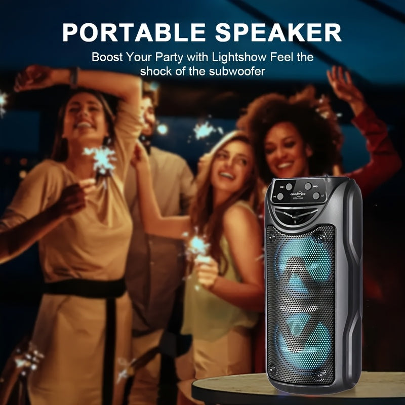 Loud, portable outdoor speakers with LED lights, large battery, and various connectivity options. Ideal for live music and home parties.