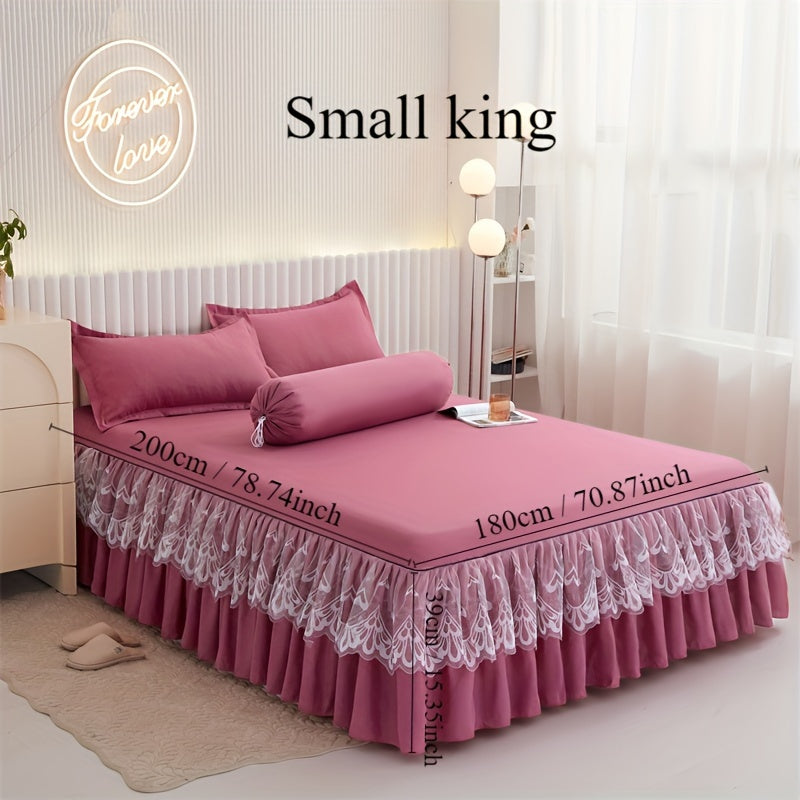 Chic 3-Piece Bed Skirt Set Featuring Double Layer Lace - Comes with 1 Bed Skirt and 2 Pillowcases, in a Solid Color. Non-Slip and Perfect for All Seasons, this Set is Machine Washable for easy care.