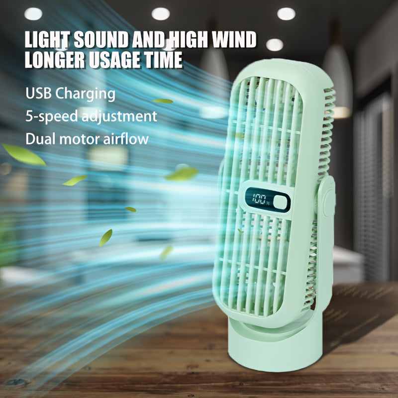 Get the 1pc Super Silent USB Rechargeable Desktop Tower Fan with 5 different speeds, a long-lasting battery, and powerful wind output. This fan features an LED display and a portable, bladeless design for safety. It is perfect for use in homes, offices