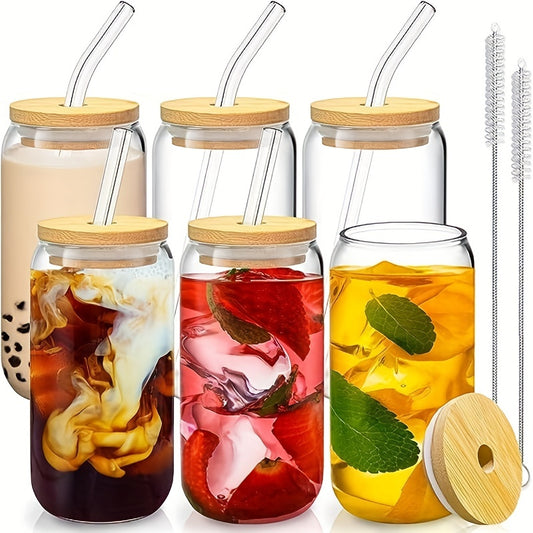 Glass cups with bamboo lids and straw, beer can shaped, 16 oz capacity for various drinks.