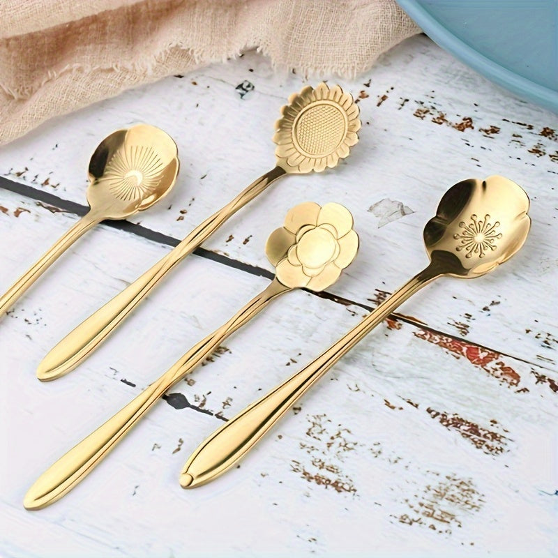 Golden stainless steel coffee and dessert spoons set with floral and geometric designs, ideal for tea, cake, and ice cream; great for weddings and coffee bars.