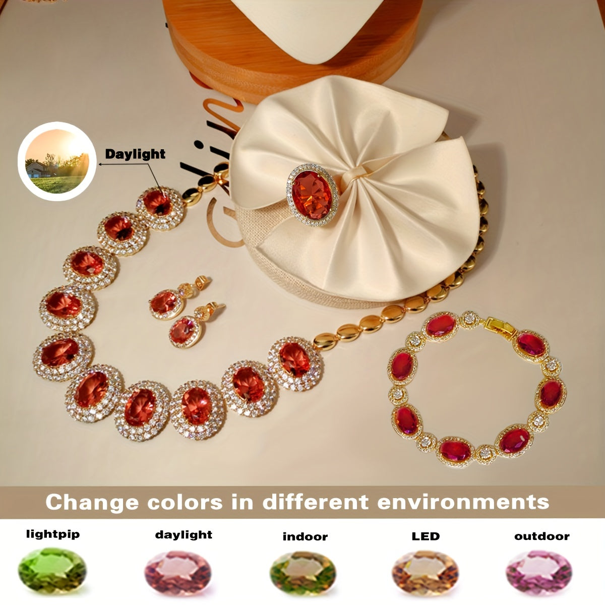 Sophisticated 4-Piece Sultanite Jewelry Set includes an Adjustable Ring, Necklace, Earrings, and Bracelet. This Color-Changing set features Artificial Crystals on a Copper Base, perfect for Daily Wear, Engagements, and Weddings. Suitable for All Seasons