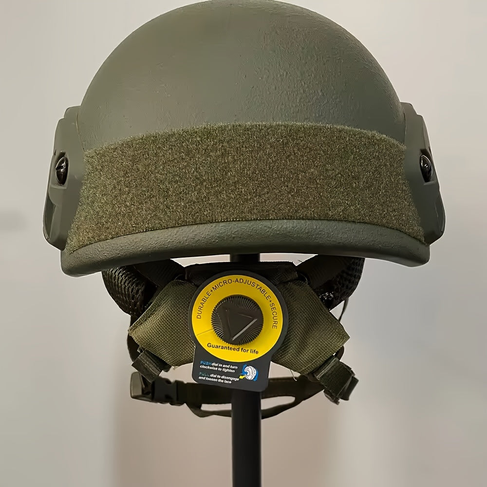 Green fiberglass tactical helmet with adjustable suspension for outdoor sports and CS paintball games.