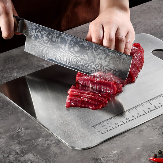 Three stainless steel cutting boards with scales, featuring a double-sided food grade design that can be hung in the kitchen. Ideal for cutting meat, fruits, and vegetables.