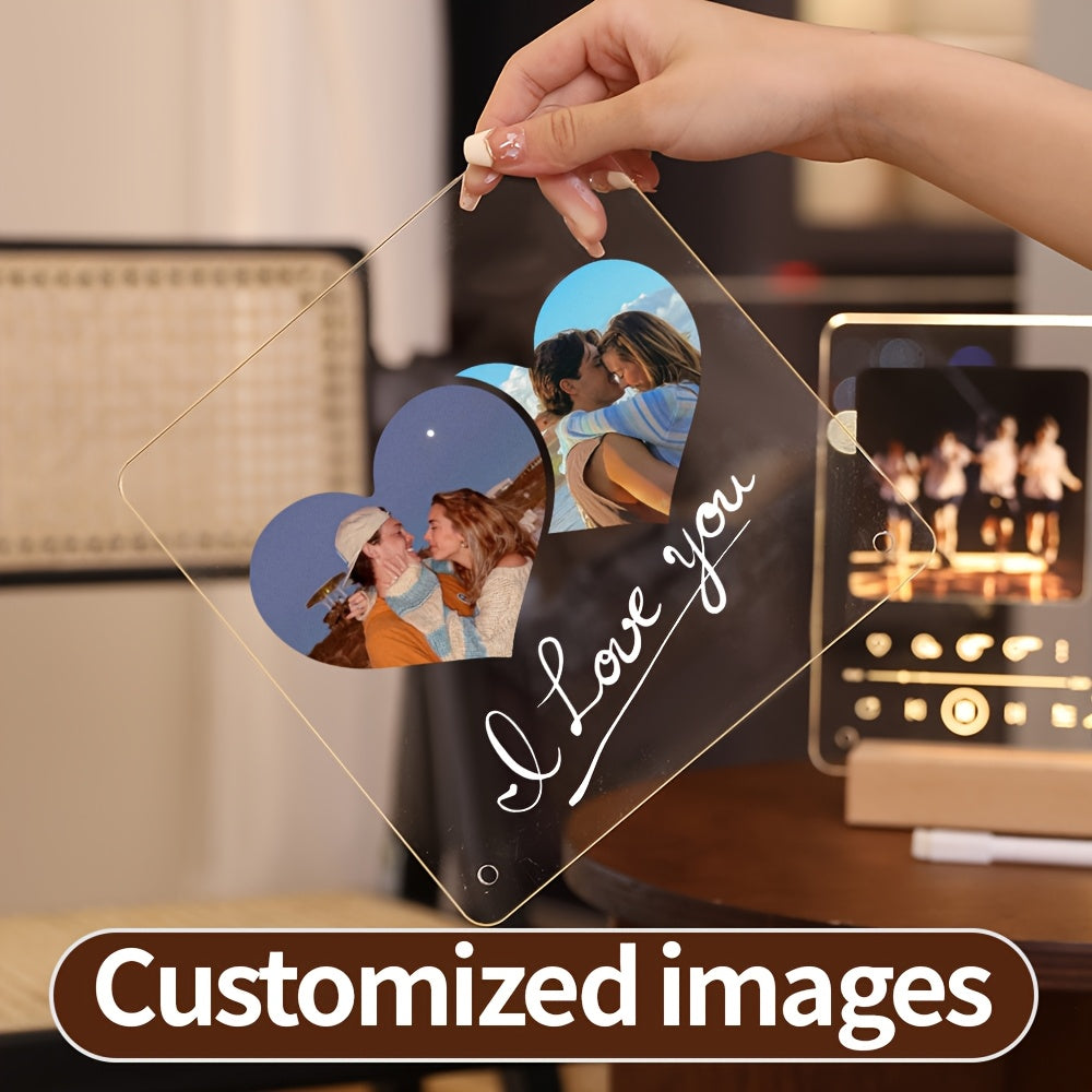 One piece of Personalized Acrylic Photo Frame with LED Light, featuring a Customizable Transparent Love Heart Design. Perfect for celebrating Christmas, Valentine's Day, Mother's Day, Father's Day, and Pet Memorials. This frame is designed for displaying