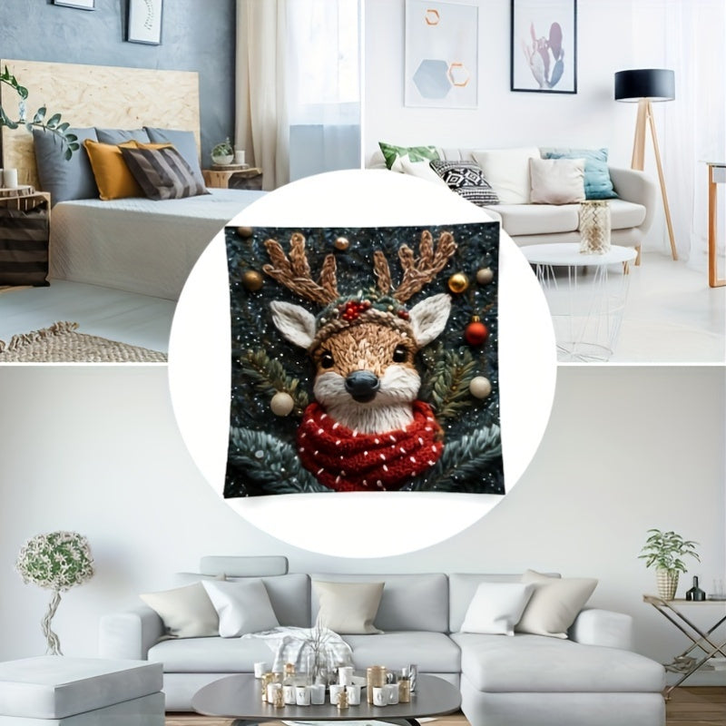 Contemporary style reindeer Christmas hat pillowcase, measures 44.96x44.96 cm. Made of woven polyester with hidden zipper. Machine washable, allergy-free. Suitable for living room sofa and bedroom decor.