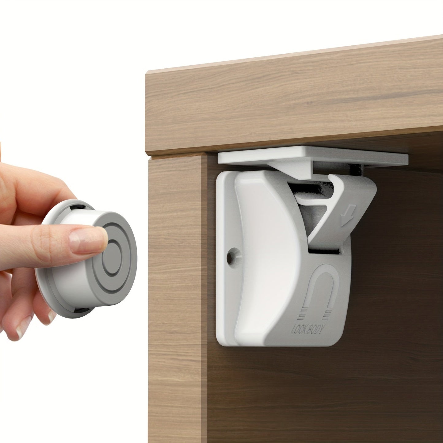 Set of 4 Babyproof Magnetic Cabinet Locks, Secure Cupboard and Drawer Latches for Children, Easy Adhesive Installation - Includes 1 Key Holder and Transparent Sticker for Unlock Position, Child Safety Strap Locks for Cabinets and Drawers.