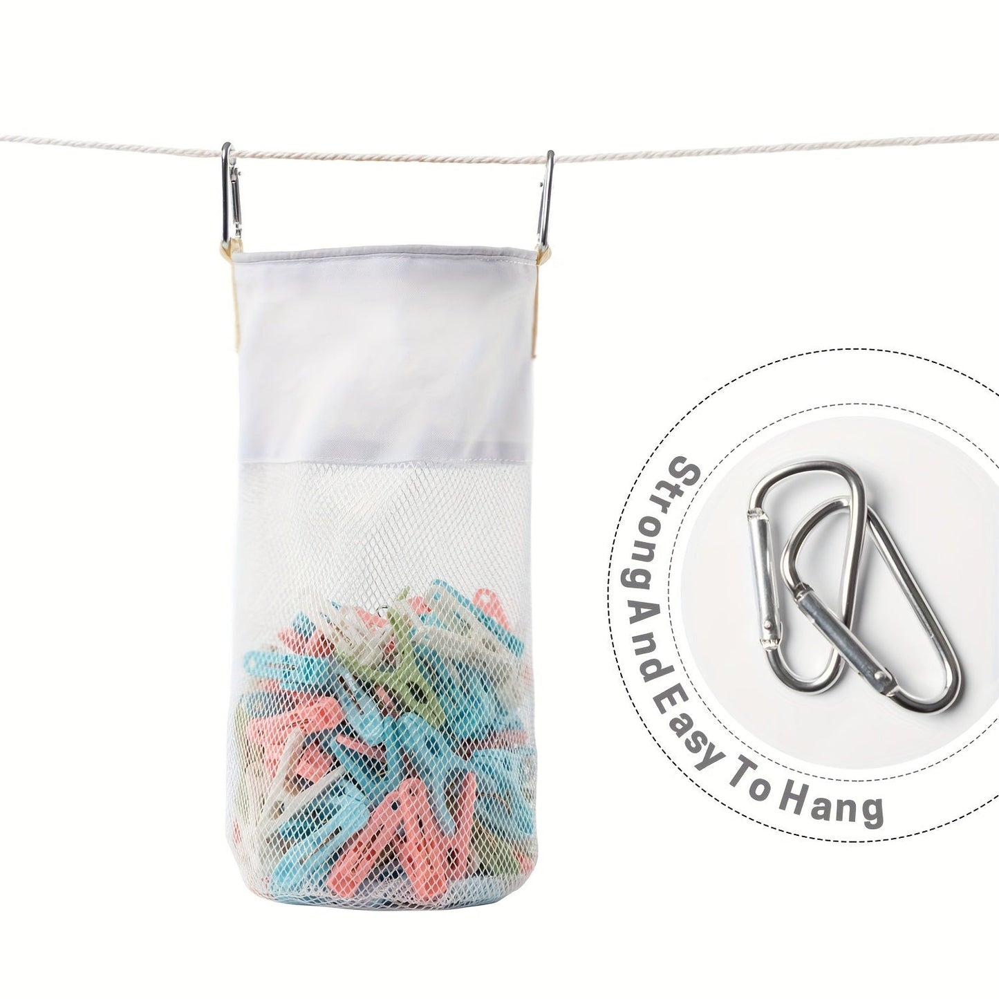 Large capacity clip storage bag with carabiner clips, fabric organizer pouch, suitable for hanging on walls or closets, ideal for organizing home and office supplies.