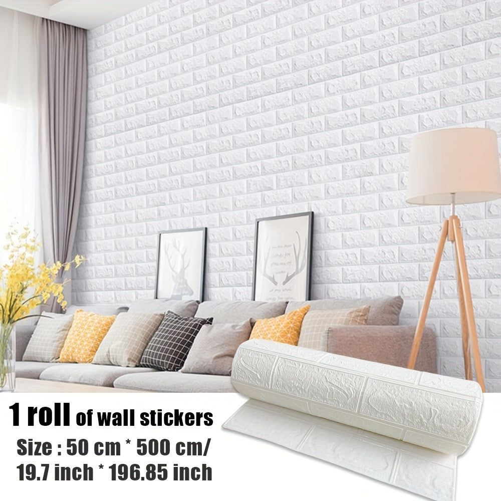 Waterproof self-adhesive wallpaper with 3D brick pattern, easy to apply for home renovation and bedroom decor.